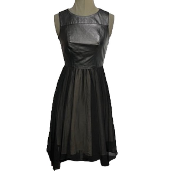 NICOLE MILLER Black Supple Leather and Chiffon Cocktail Dress Size 0, NWT - Picture 2 of 16